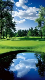 Mirror-still pond crowns a sunlit golf green in summer hush