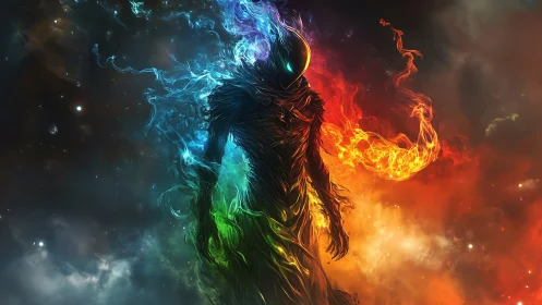 Elemental humanoid entity channels multicolor plasma in nebular void