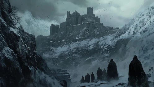Dark castle looms over snowbound pass with cloaked figures.