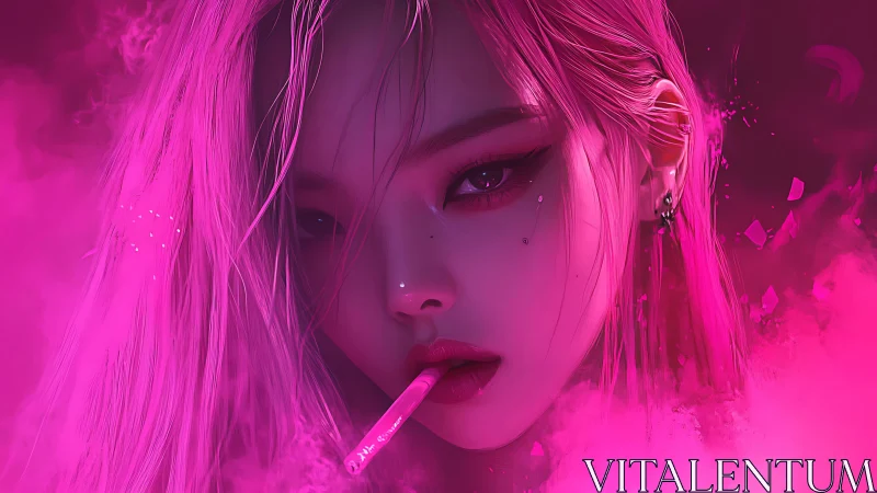 Neon lit cyber girl stares through pink smoke with cool defiance