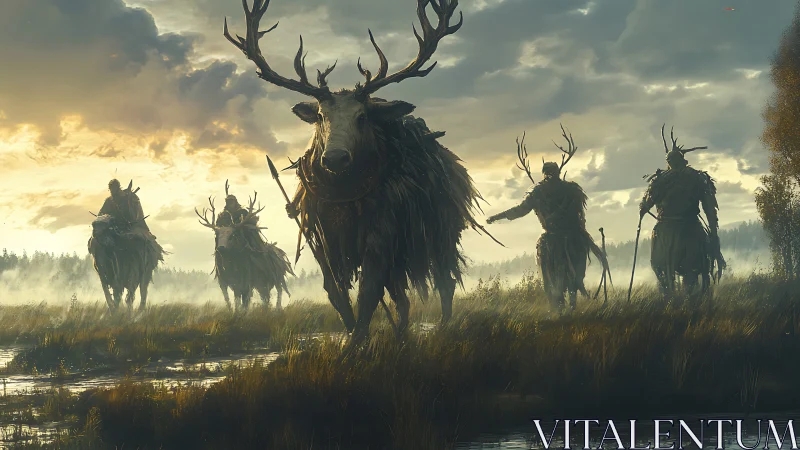 Antlered marsh riders advancing through misted wetland twilight.