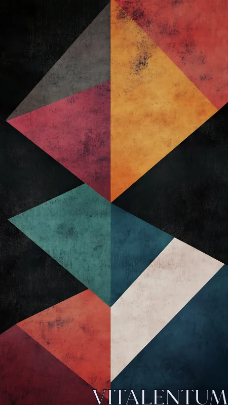 Geometric color wedges intersect over distressed black field.