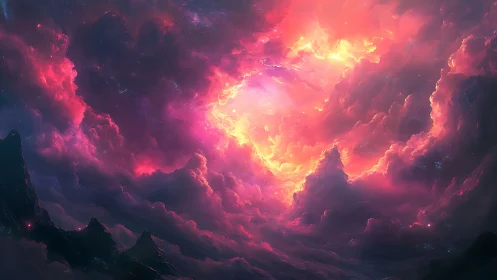Vivid cosmic sky over dark mountains at glowing sunset.