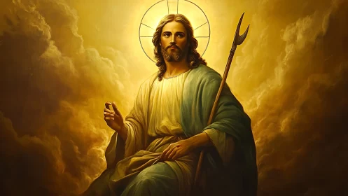 Digital painting of radiant saintly figure within golden clouds.