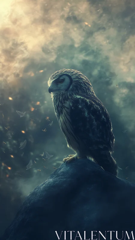 Gentle twilight owl resting quietly on a misty blue cliff.