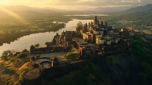 Photorealistic aerial palace fortress in golden hour lighting.