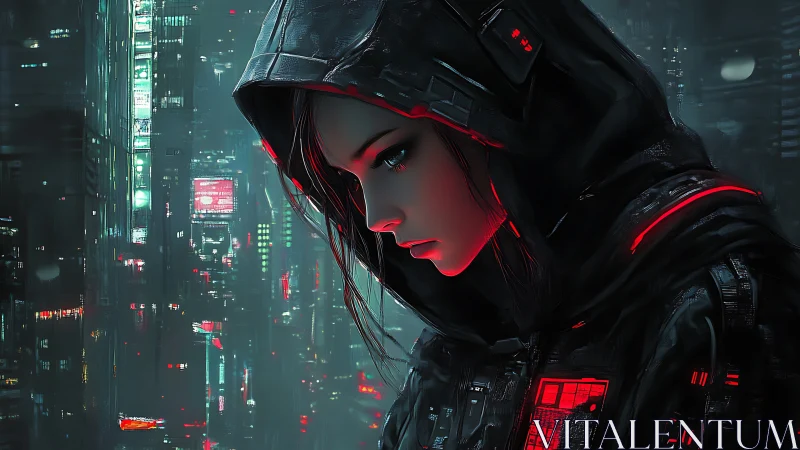 Hooded cyberpunk girl observes neon city in cold rain