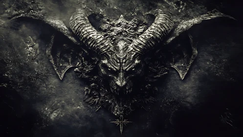 Demonic horned skull relief emerges from dark textured stone