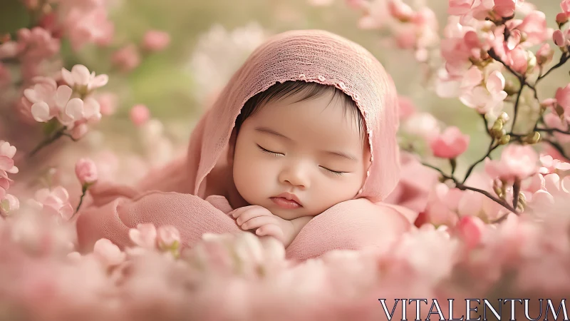Sleeping infant nestled among blooming pink flowers.