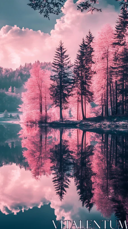 Dreamlike pink forest mirrored across still lake surface.
