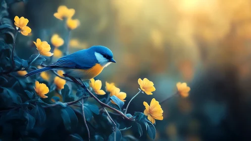 Blue songbird perched on yellow flowers in dreamy soft light.