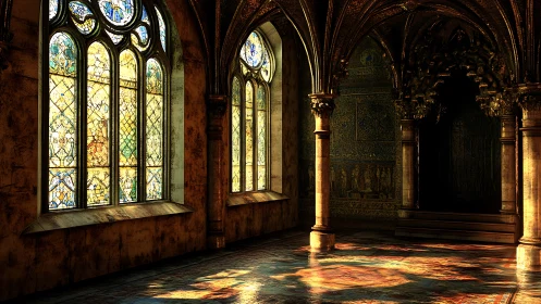 Sunlit stained glass braids color across a silent hall