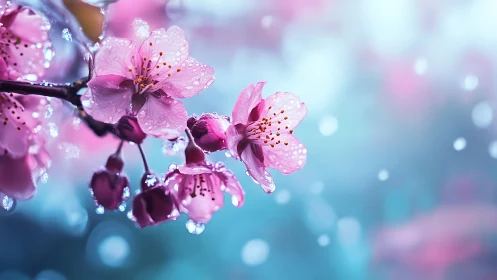 Pink flowering botanical specimen with hydrophobic surface phenomena.