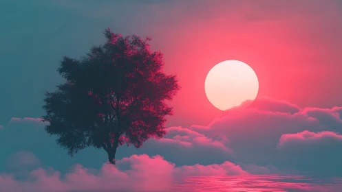 Solitary tree silhouetted in neon pink celestial sunset.
