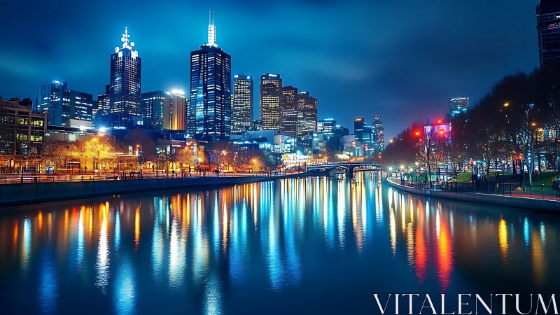 Night city skyline reflects sharply on calm riverside water
