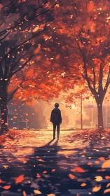 Solitary student walks beneath glowing autumn canopy at dusk.