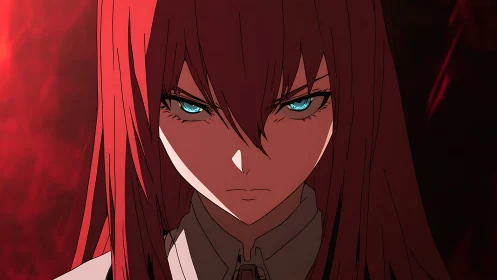 Fierce red haired anime woman with piercing blue eyes.