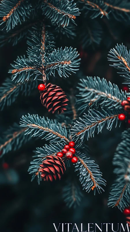 Cozy winter pine branches kissed with cones and berries.