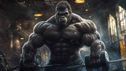 Gorilla gym legend lifting heavy in a smoky iron temple.
