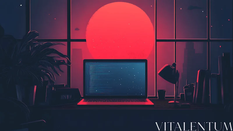Laptop on desk before red sun over stylized city window.