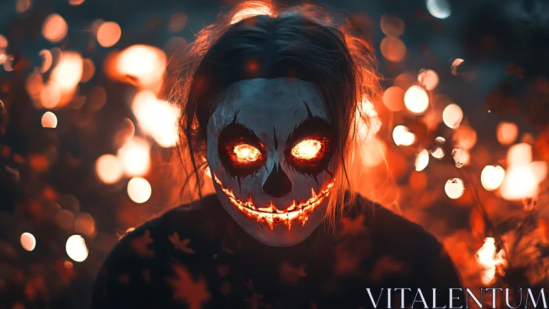 Masked figure with glowing eyes amid blurred orange lights.