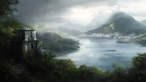 Mountain lake landscape shows city and stone tower