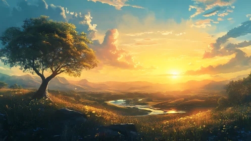 Solitary hillside tree listens quietly to a molten sunrise sky