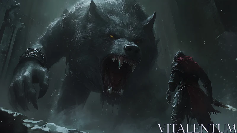 Digital painting of colossal werewolf confronting lone warrior.