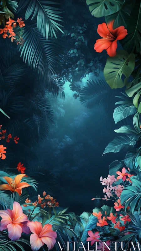 Luminous tropical florals frame a deep cyan jungle corridor