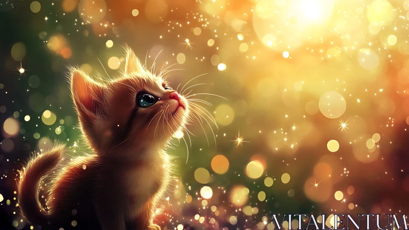 Luminous Ginger Cat Gazing Upward Through Golden Light Particles.