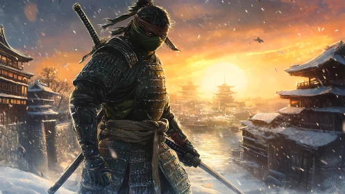 Armored ninja warrior stands against snowy feudal city sunset