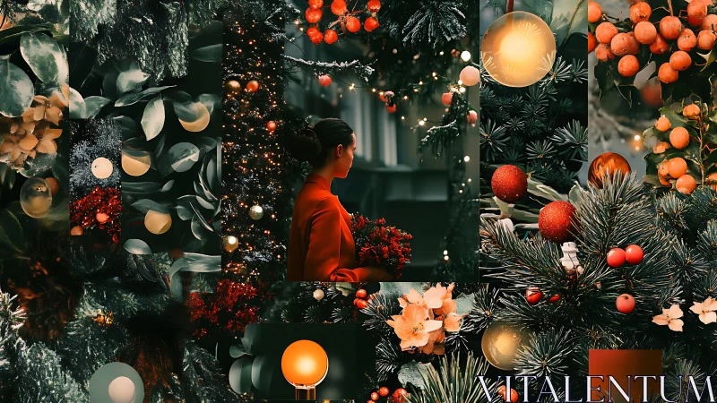 Festive winter collage with woman in red amid glowing lights.