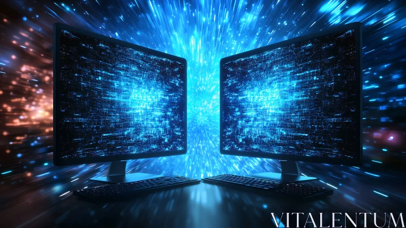 Dual monitors with data streams and digital light effects.