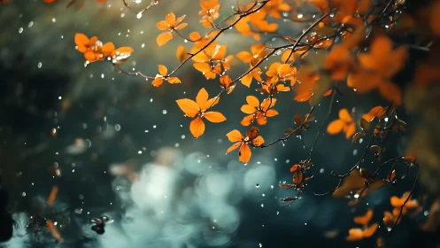 Autumn leaves over water with drifting raindrops glow.