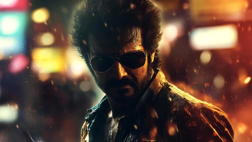 Brooding man in sunglasses stands in neon lit city firestorm