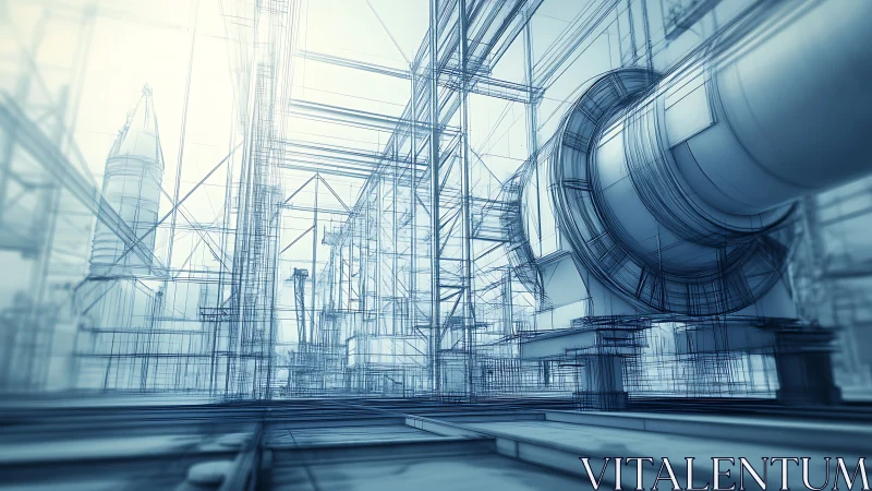 Wireframe industrial plant visualizes large-scale mechanical systems