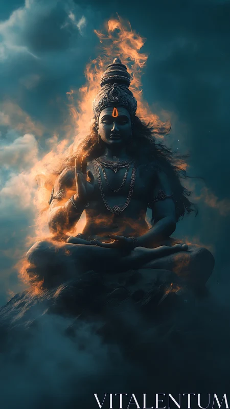 Digital painting of fiery meditative deity in storm clouds.