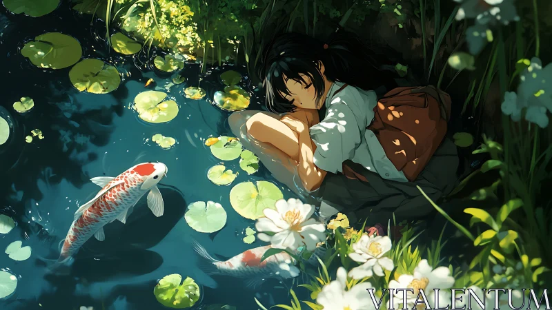 Anime pond repose with koi and luminous floral framing.