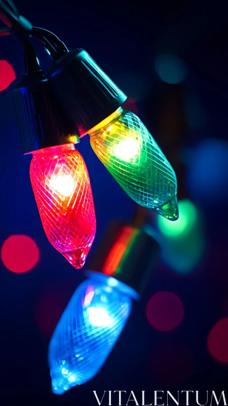 Colorful holiday string lights glow against deep blue night.