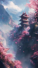 Layered mountain pagodas under dense cherry blossom canopy in mist