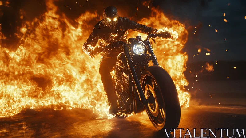 Photoreal infernal rider on motorcycle with dynamic flame field.
