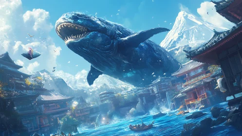 Colossal airborne whale traverses neon-lit coastal temple cityscape