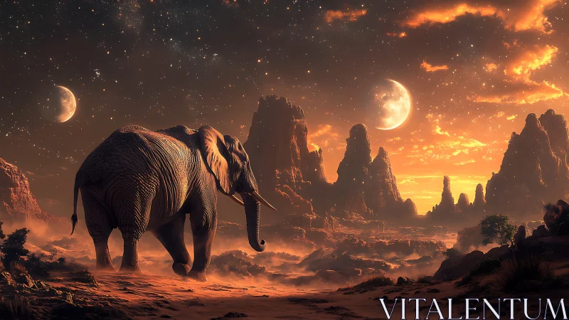 Digital painting of elephant crossing twin-moon desert valley.