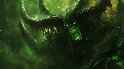Glowing horned demon emerging from swirling green fire.