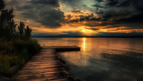 Sunset light glows over wooden lakeside dock and calm water.