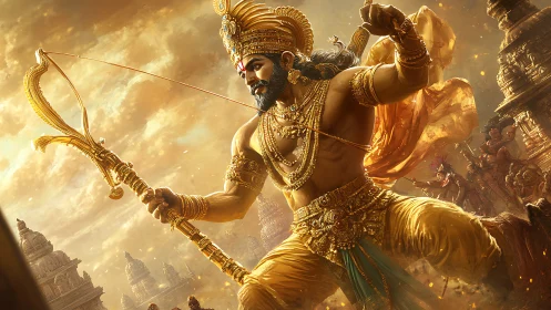 Mythic archer warrior in golden armor amid temple battleground