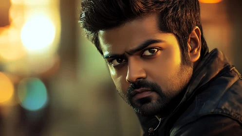 Man with intense gaze lit by warm, shallow depth lighting