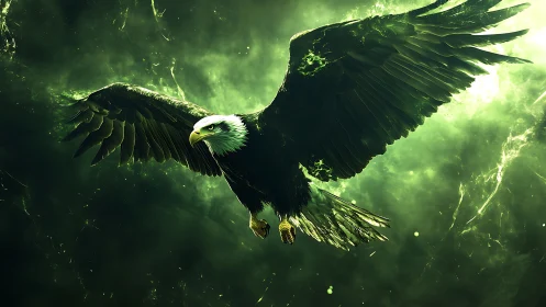 Majestic Bald Eagle in Flight, Digital Fantasy Art with Green Aura.