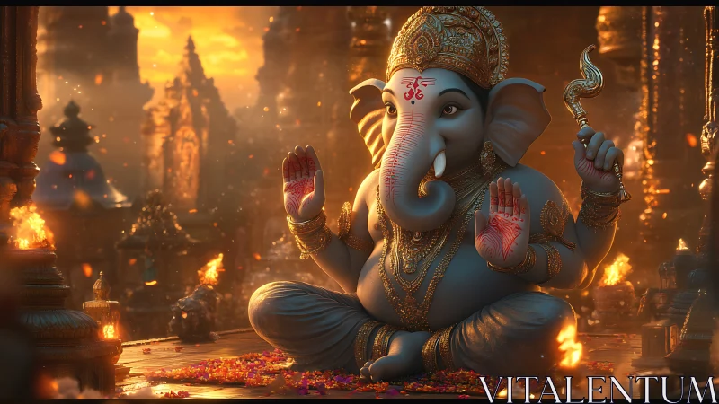 Digitally rendered Ganesha figure in ornate temple setting.