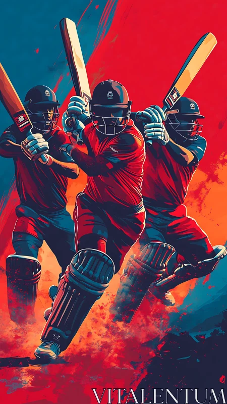 Dynamic digital painting of cricket batsmen in motion triad.